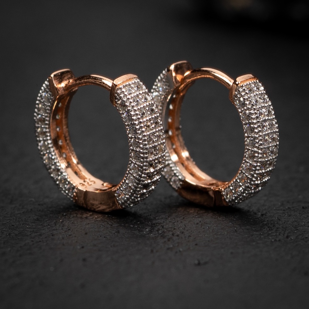 Small Two Tone Rose Gold Sterling Silver Iced Small CZ Men's Hoops Earrings